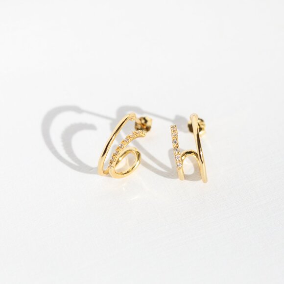 Gold Double Hoop Earring pave and Extra Loop Pretty Earrings Unique Earrings - Picture 3 of 12